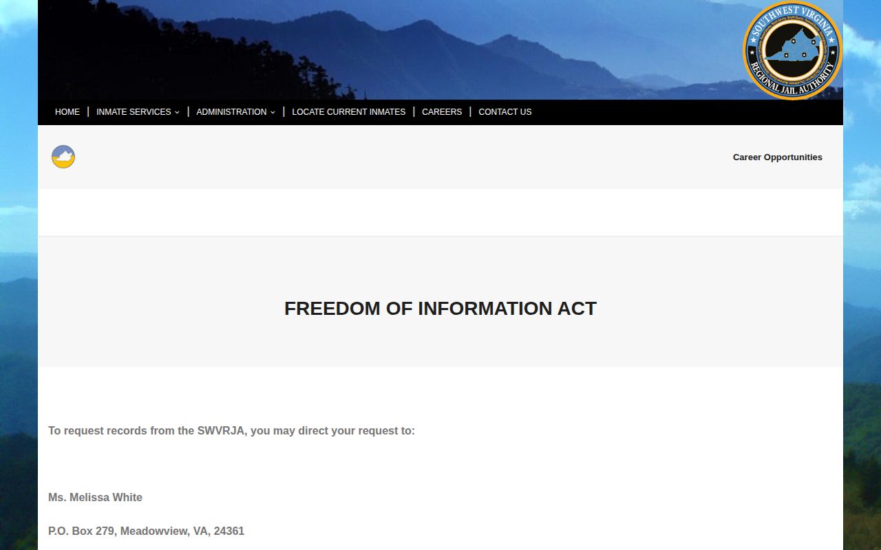 Wise County booking photo records request route on the SWVRJA FOIA page